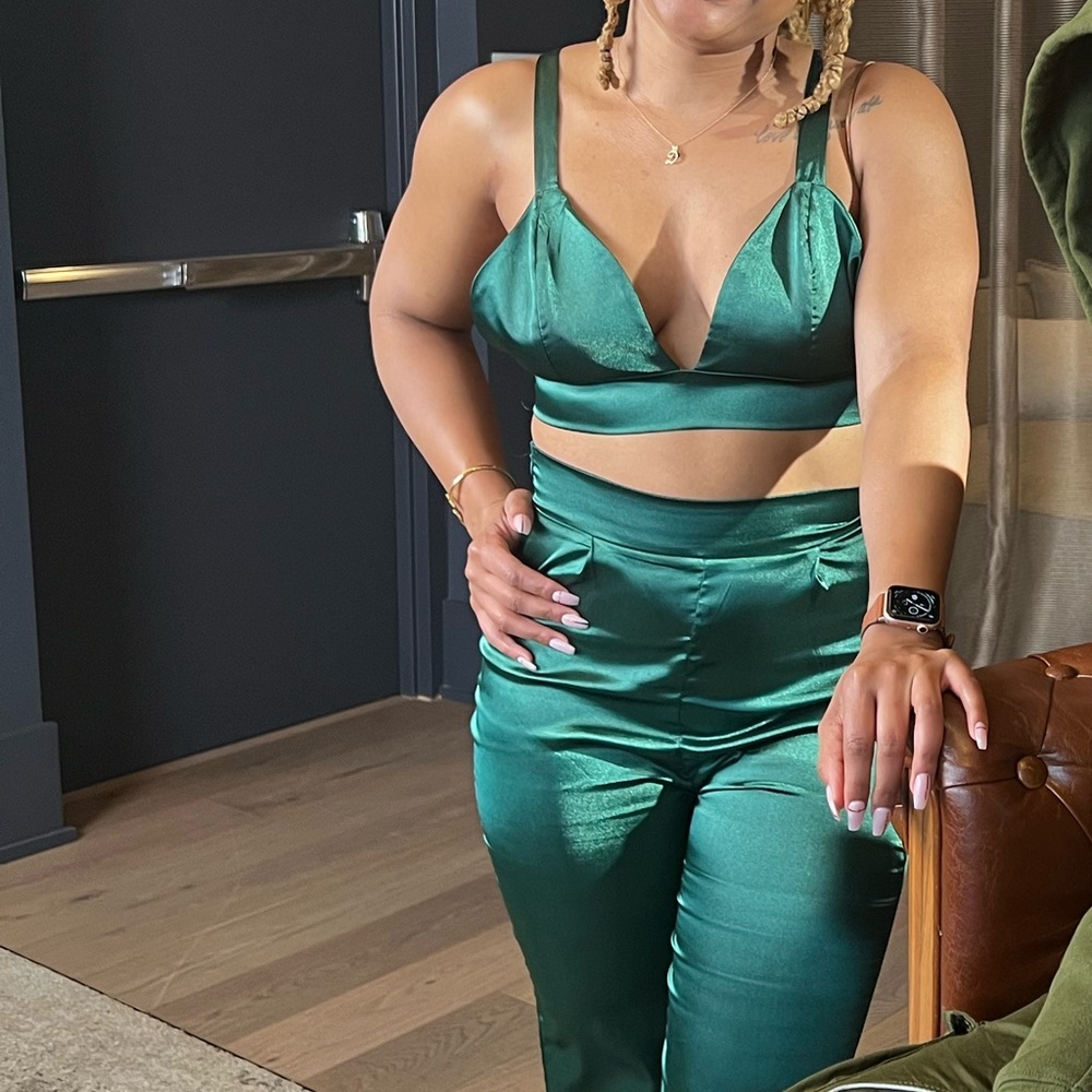 Sexy Tie Back Crop Satin Cami Top & High Waist Pants